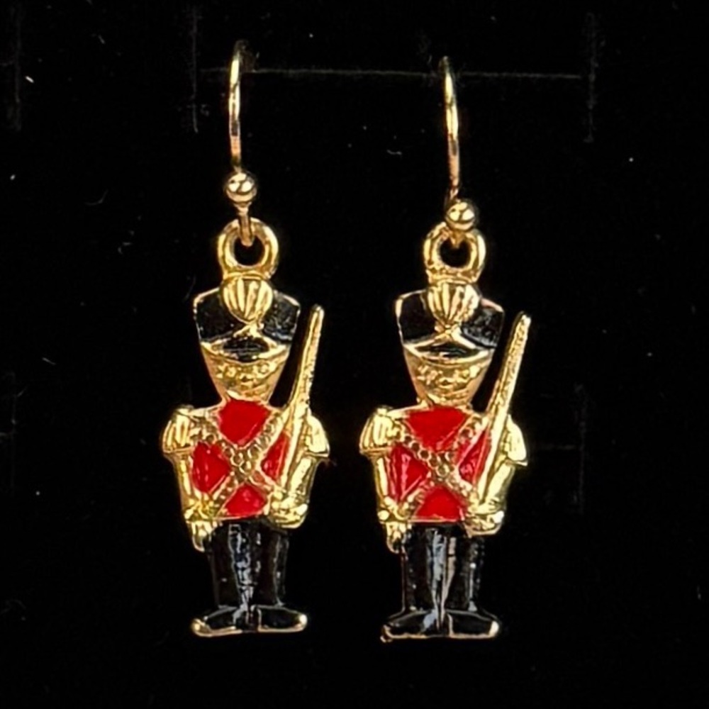 Goldtone, Red, Black Enamel Soldier Pierced Earrings